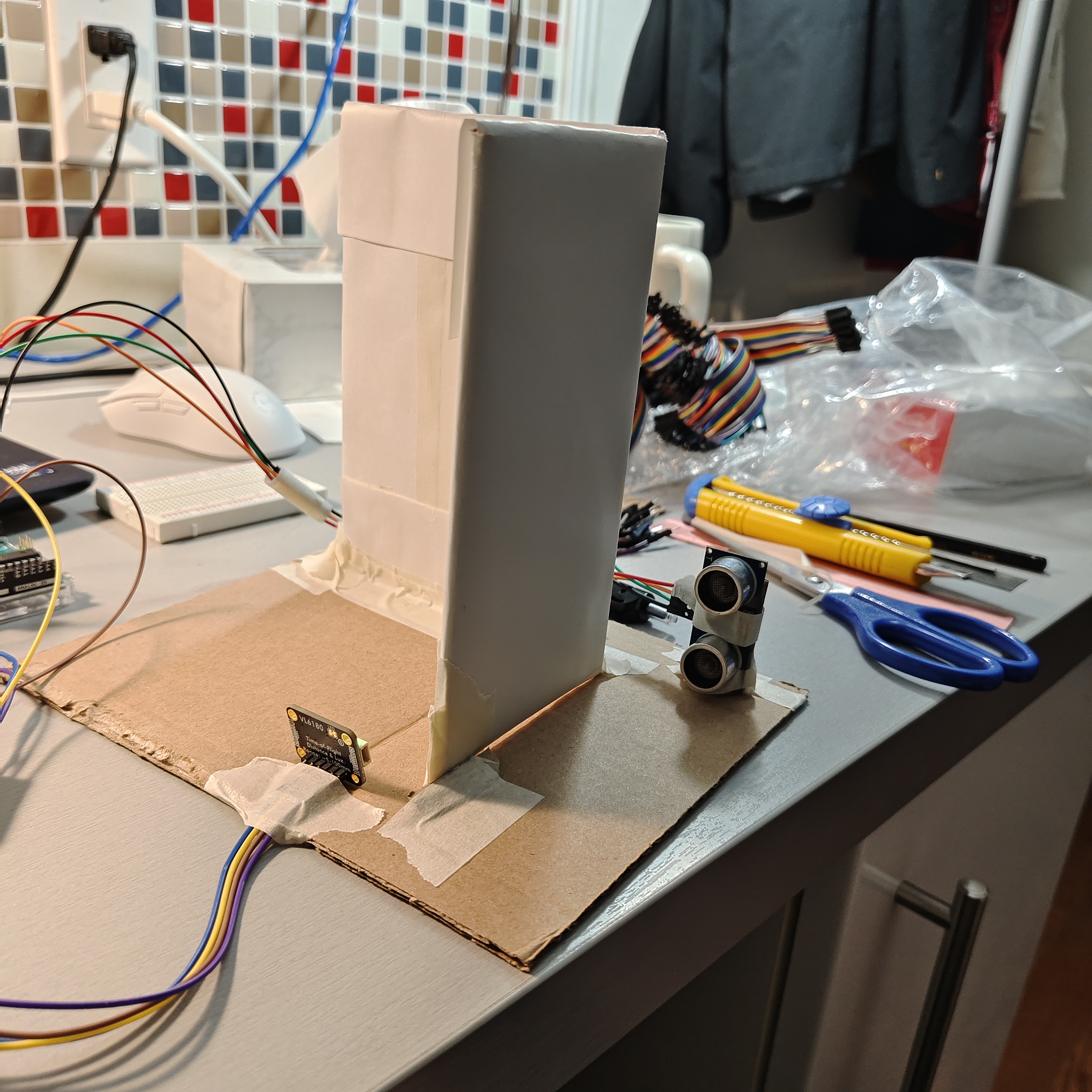 Another angle of the prototype door with sensors and Arduino inside.